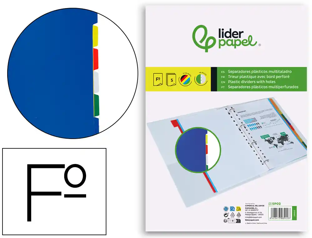 Separador liderpapel plastico juego de 6 separadores folio 16 taladros