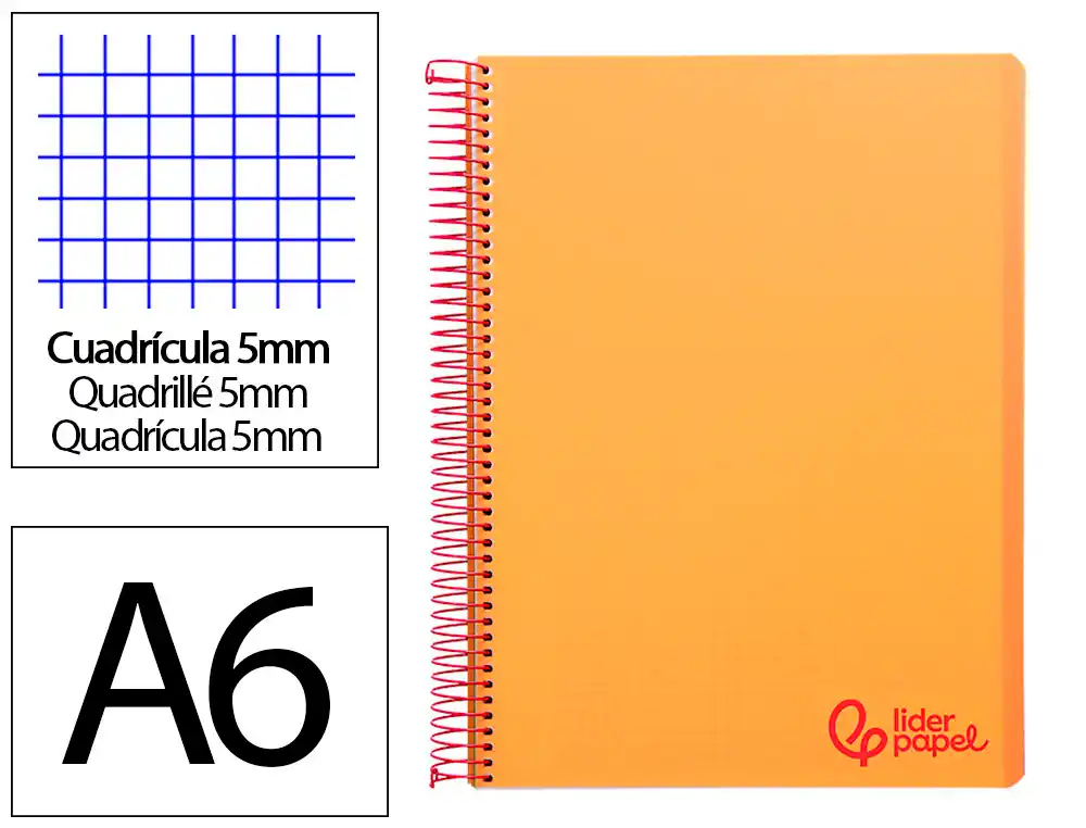Cuaderno espiral liderpapel a6 micro wonder tapa plastico 120h 90 gr cuadro 5mm 4 bandas color naranja