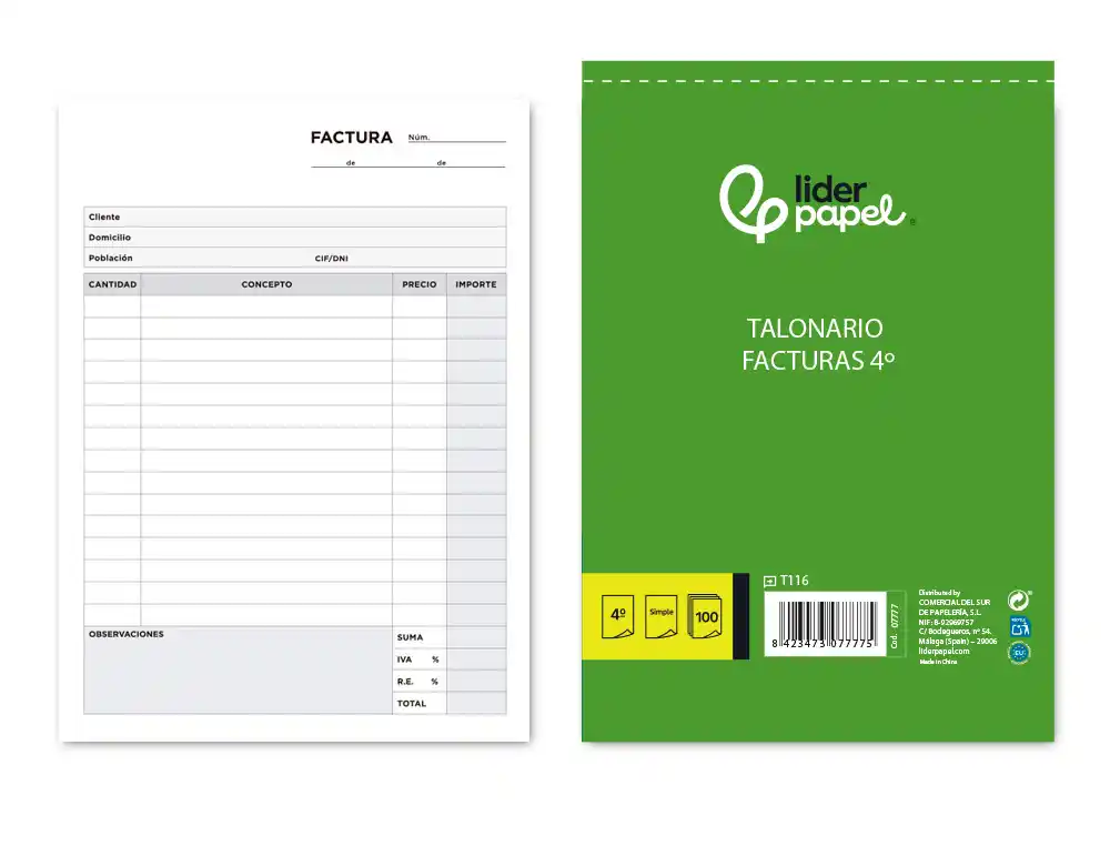 [7777] Talonario liderpapel facturas cuarto -con iva- 116