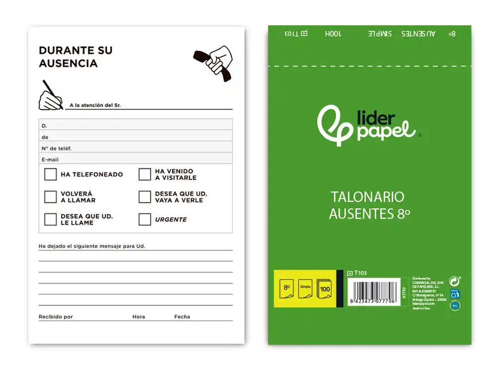 [7770] Talonario liderpapel ausentes octavo original 103