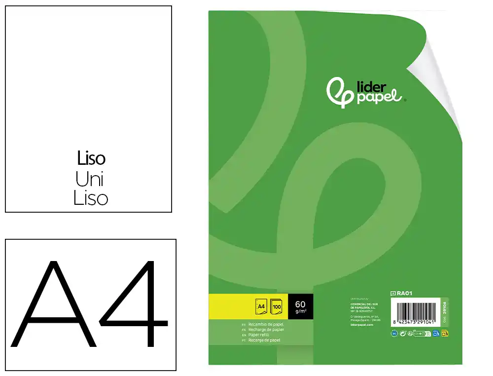 Recambio liderpapel a4 100 hojas 60gr liso sin margen 4 taladros
