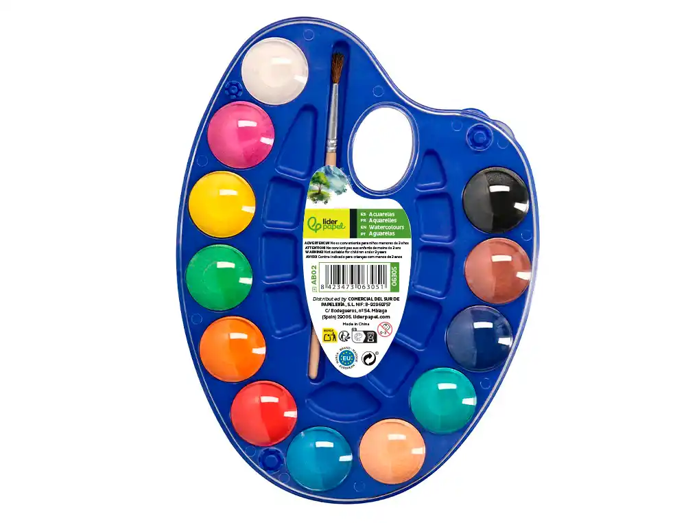 Acuarela liderpapel 12 colores con pincel y deposito incluye paleta de plastico