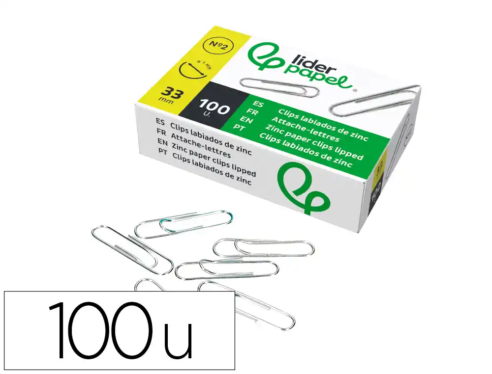 Clips liderpapel nº2 labiados 33 mm caja de 100 unidades