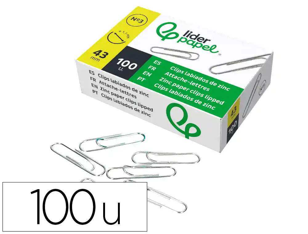 Clips liderpapel nº3 labiados 43 mm caja de 100 unidades