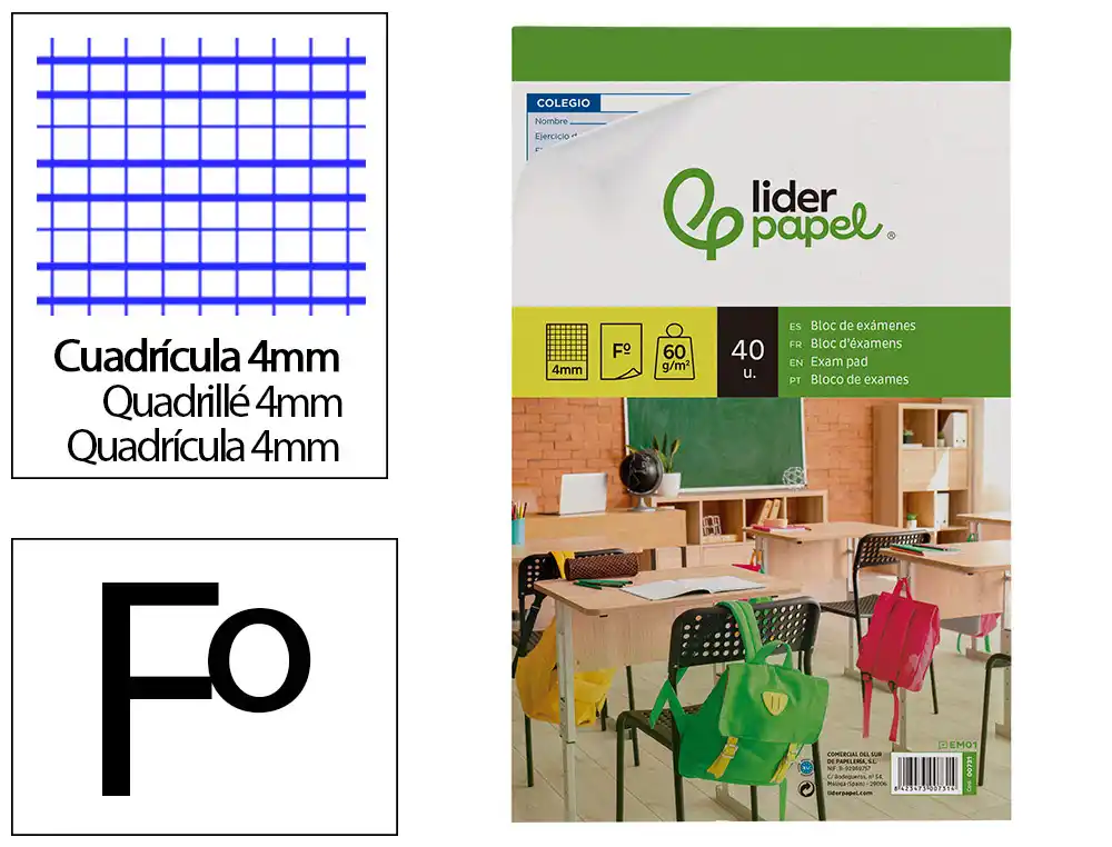 [731] Bloc examenes liderpapel cuadro 4mm folio 40 hojas 60 g